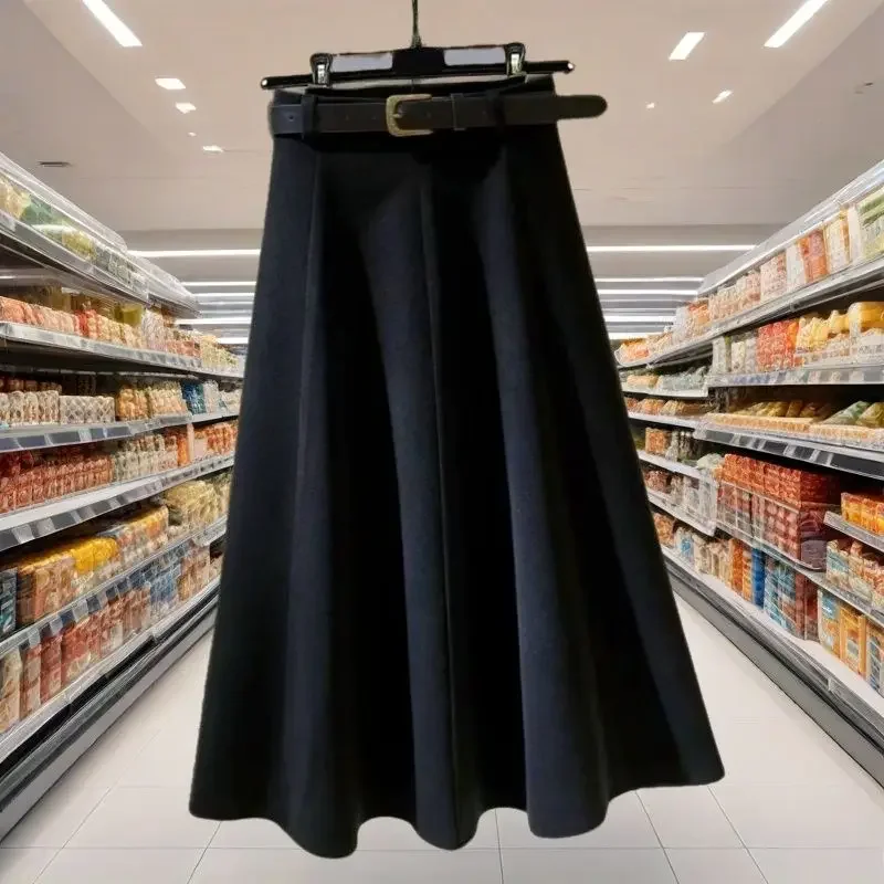ใหม่ High End Midi กระโปรงผู้หญิงฤดูใบไม้ผลิฤดูใบไม้ร่วงแฟชั่น Slim High เอวสีทึบ Elegant Office Lady Woolen กระโปรงกับเข็มขัด