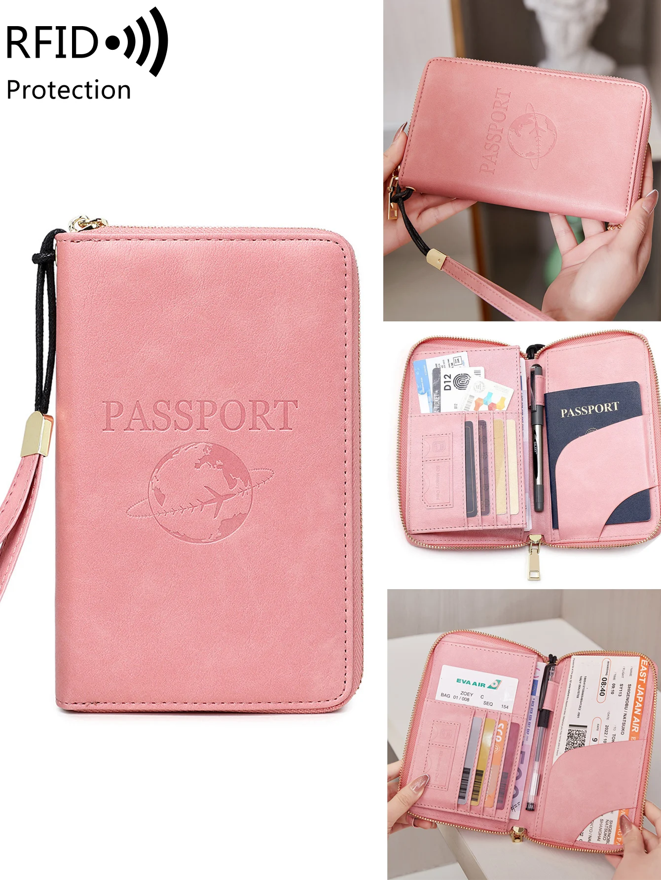 Fashionable and simple RFID multifunctional portable airplane pattern ticket clip PU leather credit card travel zipper wallet