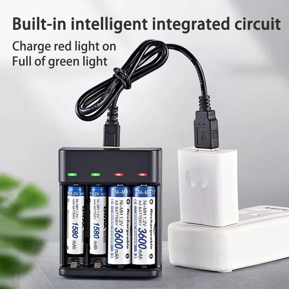 USB Battery Charger 4-Slot Fast Intelligent Battery Charger AA AAA Rechargeable Fast Charging Short Circuit Protection Adapter