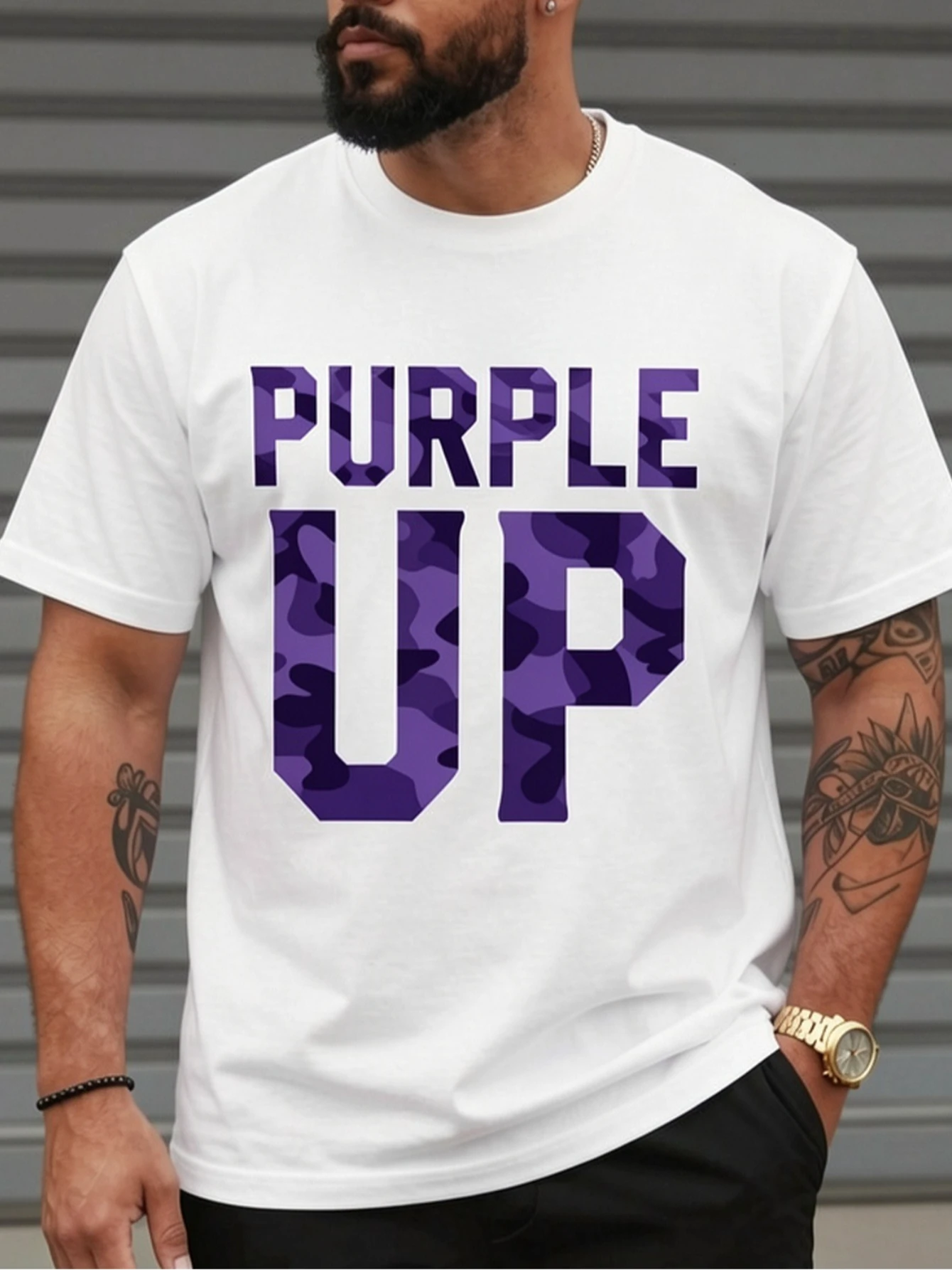 【Purple Top】Men's Loose Casual T-Shirt - Fashionable Street Style T-Shirt with Striking Purple Lettering and Camouflage Design, Suitable for Everyday Wear - Comfortable and Trendy, Perfect for Any Occasion, an Ideal Gift for Stylish Men