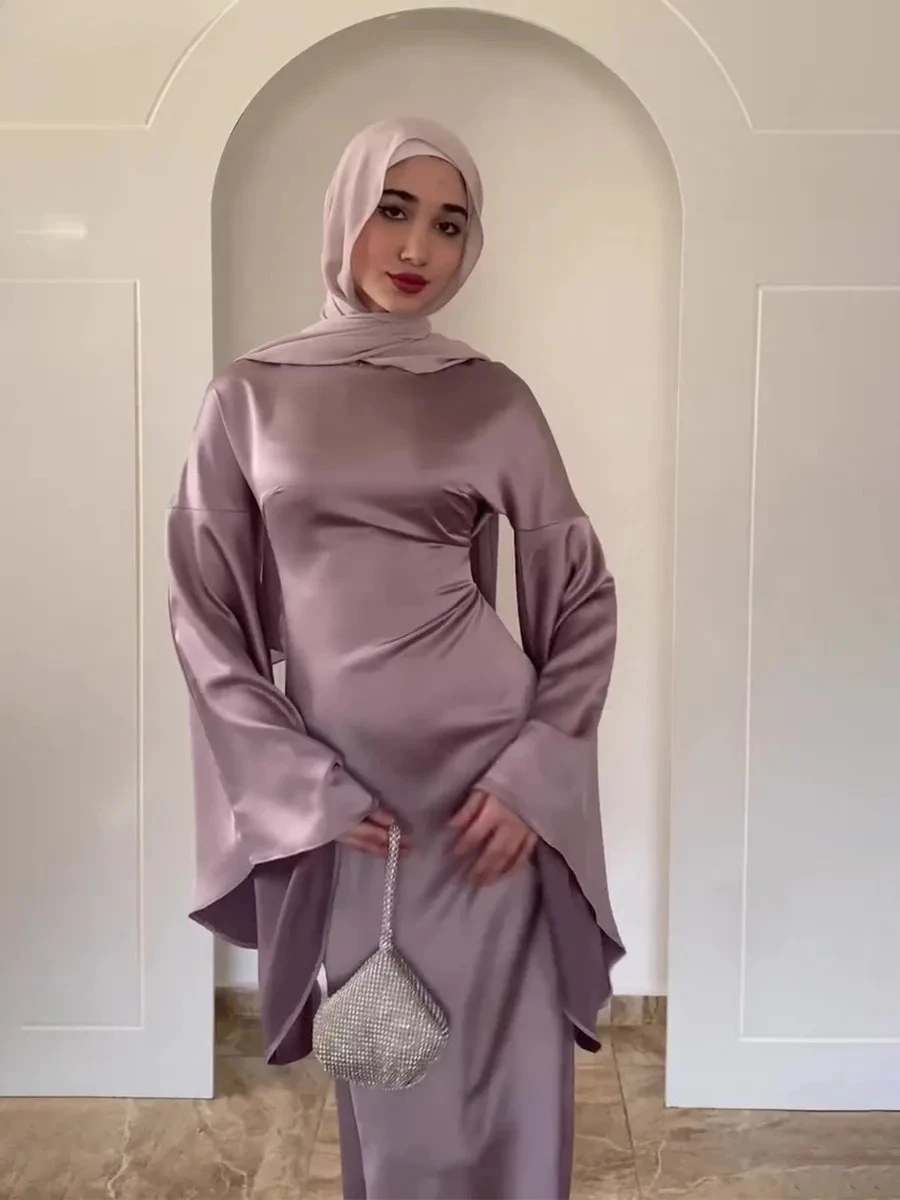 2025 봄 신상 여성 슬림 새틴 맥시 드레스 패션 플레어 슬리브 우아한 파티 드레스 이드 무슬림 단정한 아바야 이슬람 의류