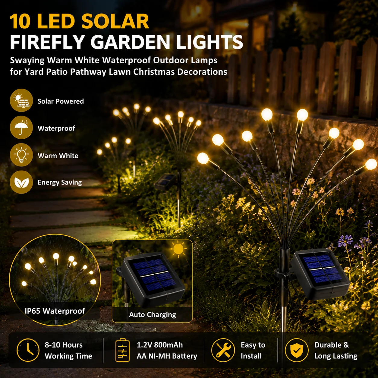 Solar Swaying Firefly Garden Light 10 Led, Warm White Ball Stake Waterproof Yard Patio Pathway Lawn Holiday