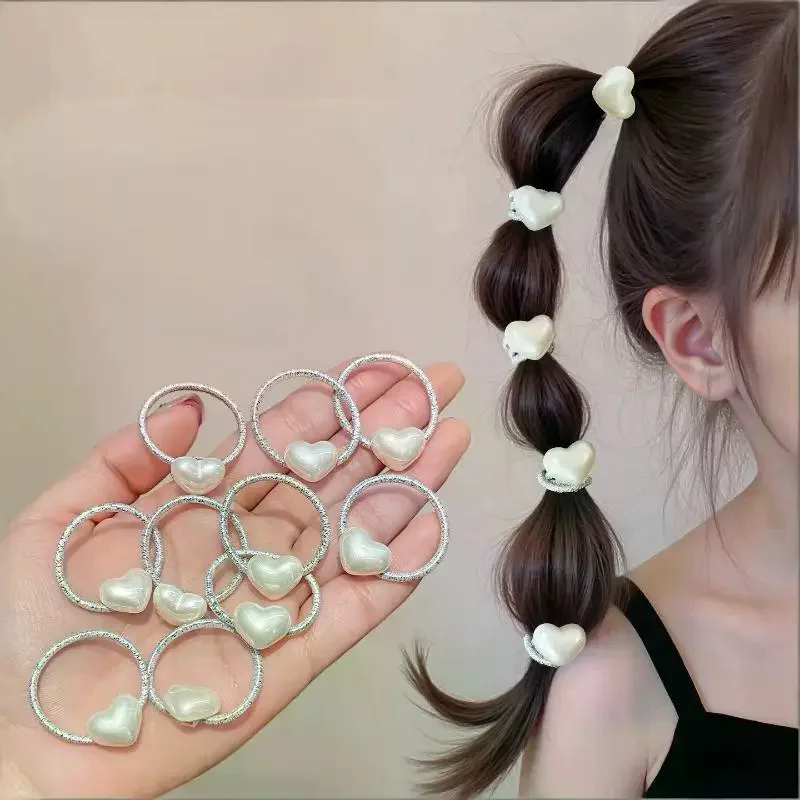 10pcs Heart-Shaped Rubber Bands - Silver/White Ponytail Holders for Girls & Babies, High Elasticity Durable Hair Ties