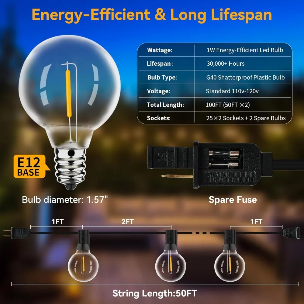 Luz exterior String com lâmpadas à prova de estilhaços, impermeável, UL certificado, quintal, luzes, conectado ou escureceu, 52 LED, 2 peças