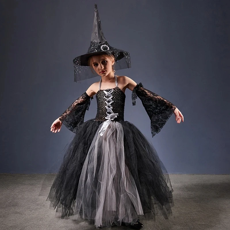 

Girls Gothic Halloween Ghost Witch Costume Trumpet Sleeve Children's Robe Ballet Tutu Carnival Party Stage Performance Dress