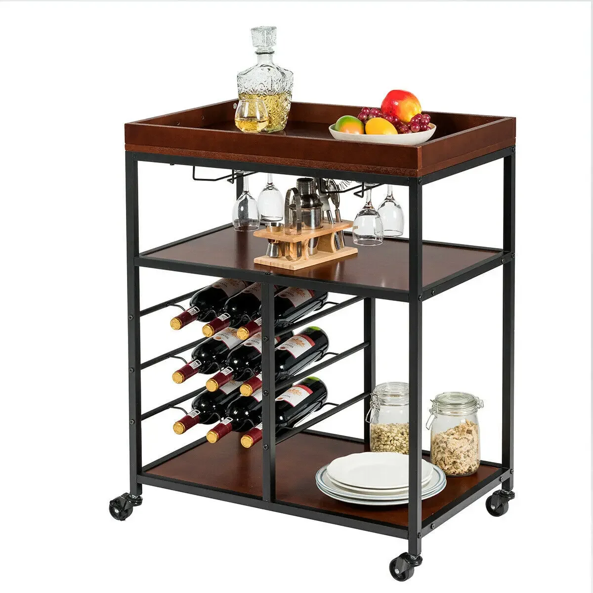 3-stufiger Aufbewahrungswagen für die Küche, Utility-Bar-Servierwagen mit Weinregal und Glas