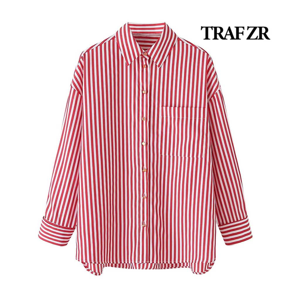 

TRAF ZR Loose Striped Shirts Long Sleeves Turn-up Cuffs Chic Women Blouse Chest Patch Pocket Blouses Back Pleat Woman Tops