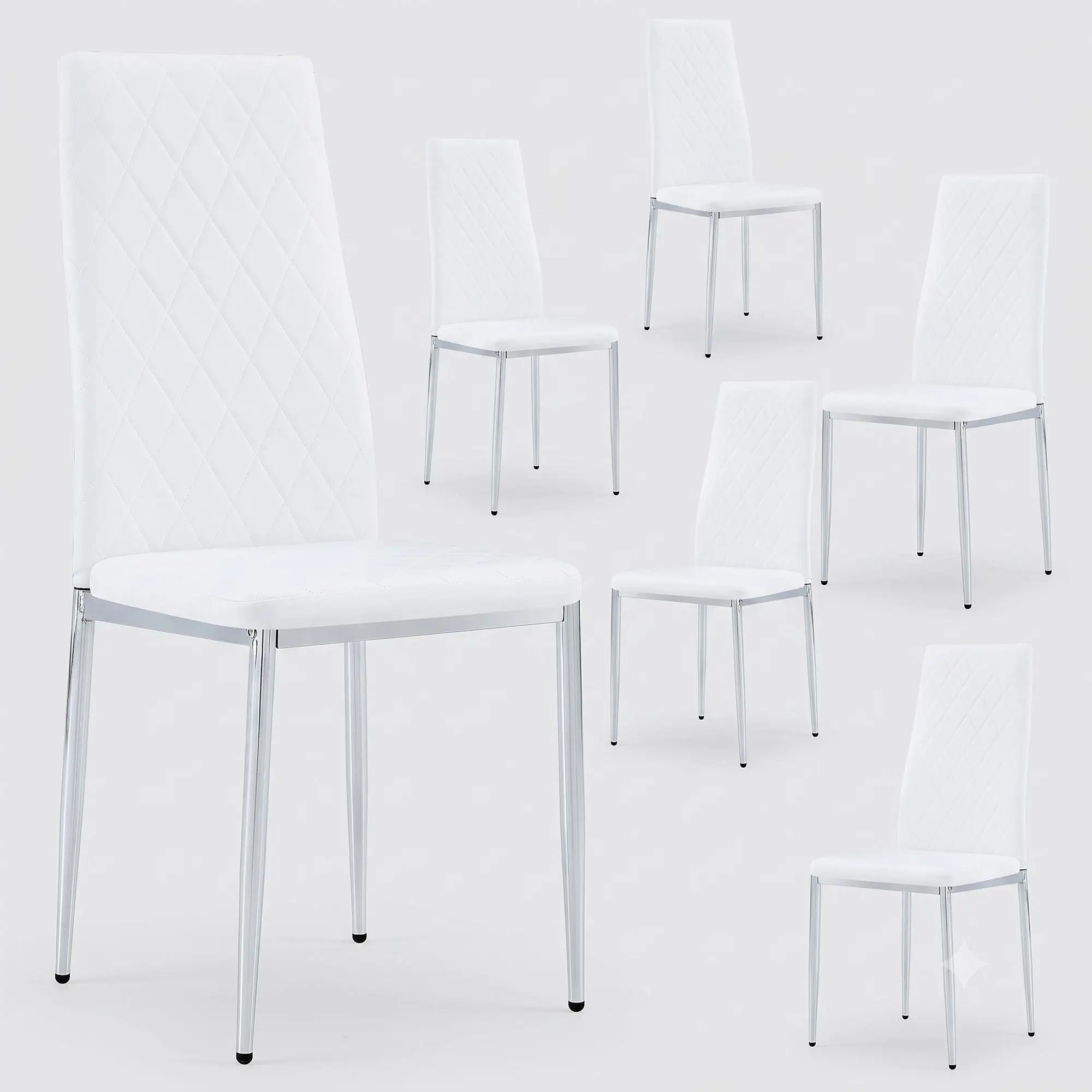 Modern Dining Chairs Set of 6, Diamond Tufted PU Leather High Back with Polished Chrome Legs for Kitchen Home