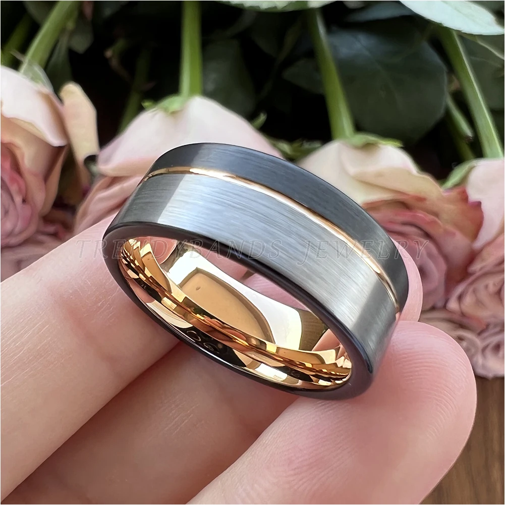 8mm Tungsten Wedding Ring for Men Women Flat Band Two-Tone Fashion Jewelry With Offset Grooved Brushed Finish