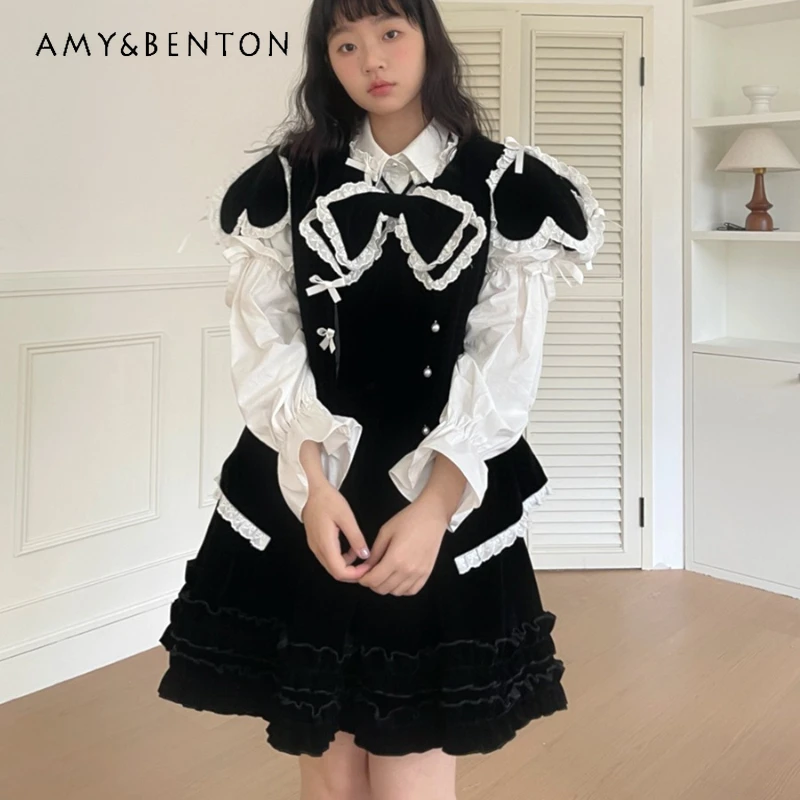 

Spring Summer Autumn New Black Velvet Bow Women's Dress French Original Sweet Temperament Large Hem Sling Black Dresses Ladies