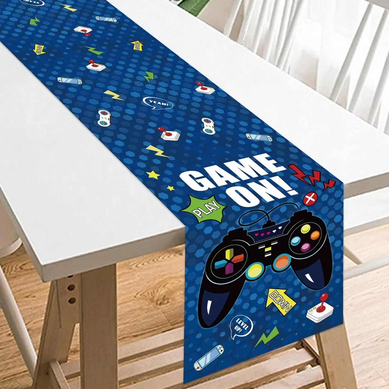 1Pc E-Sports Gaming Table Runner Blue Gamer Game Controller Long Tablecloth Boys Birthday Party Decoration