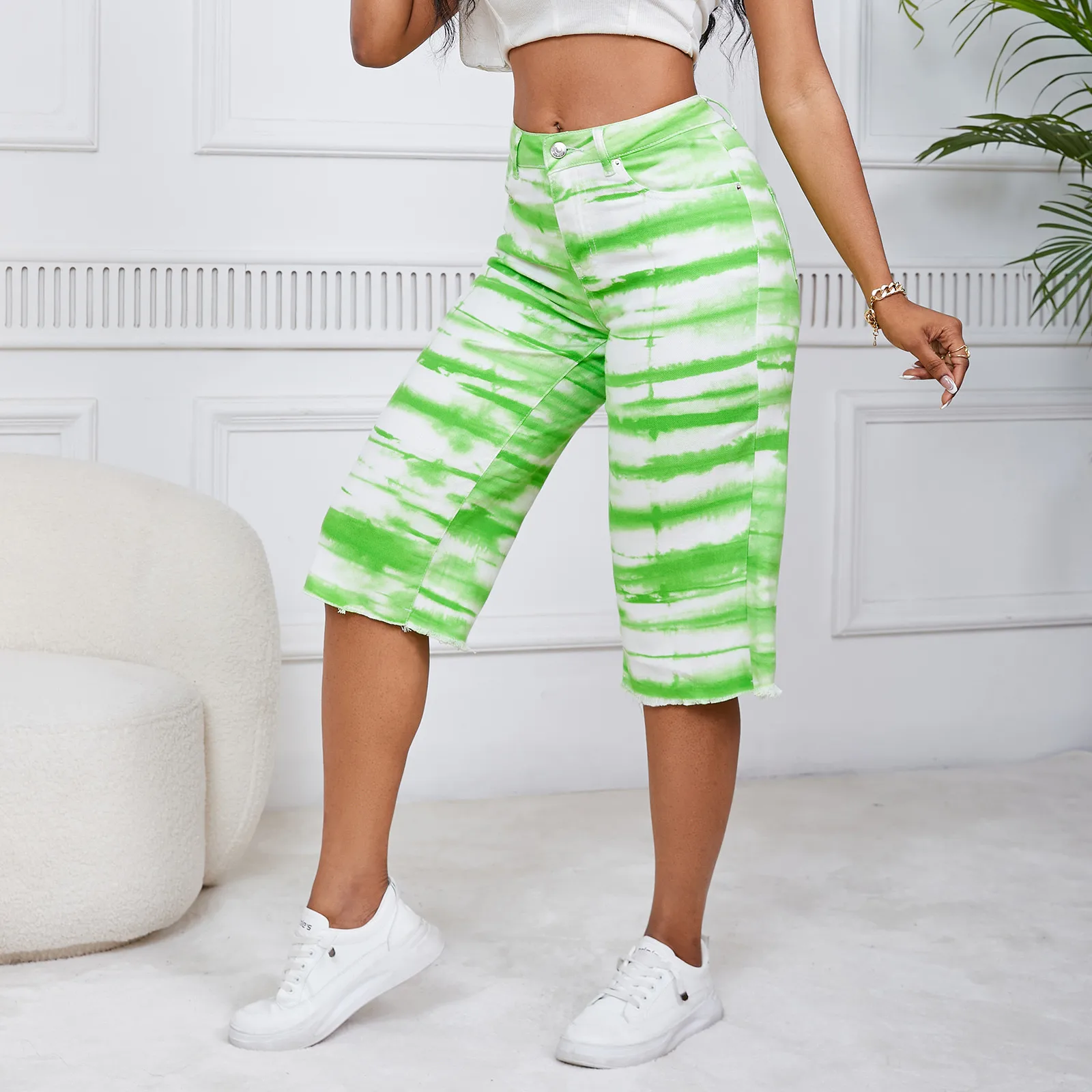 Pantalones vaqueros rectos de cintura alta para mujer, tendencia de moda, pantalones Capris Tie-Dye con bolsillos, estilo diario Regular que combina con todo