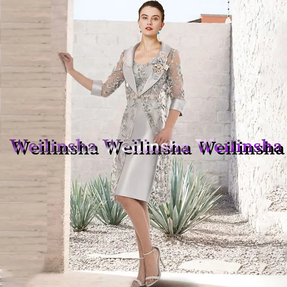 Weilinsha-Robe en satin pour la mère de la mariée, robe d'invité de mariage, veste en dentelle, manches courtes, longueur genou, quoi que ce soit, 2 pièces, 2023