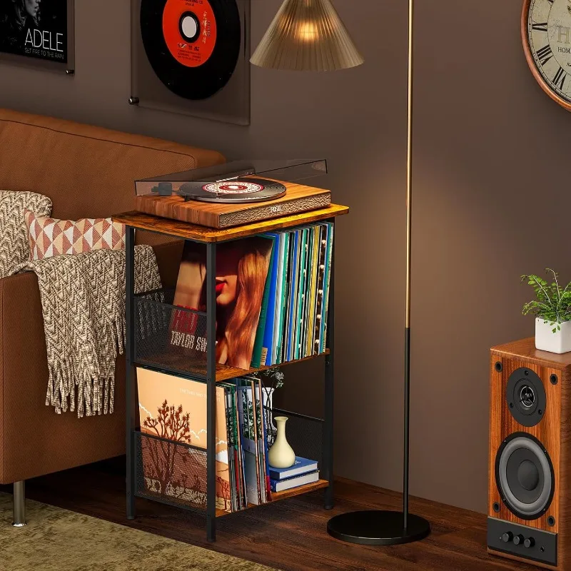 Industrial Iron and Wood Floor Black Vinyl Record Storage Rack Multi-layer LP Album Display Shelf Music Library Record Cabinet