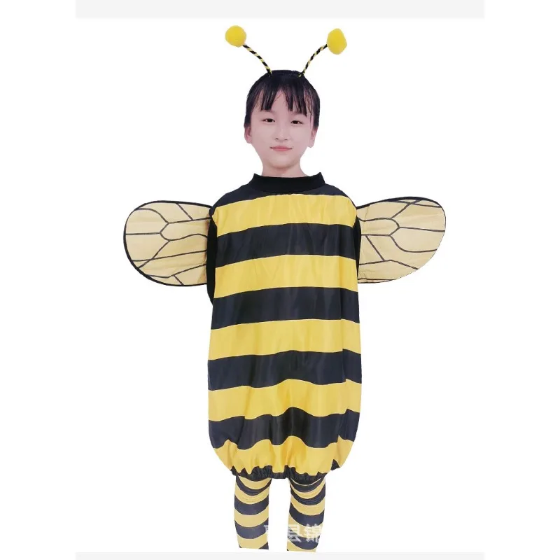 Bee Costume Kids Halloween Cosplay Set Bee Dress with Wings Heandband Leg Sleeves and Hair Hoop for Stage Show Dress Up