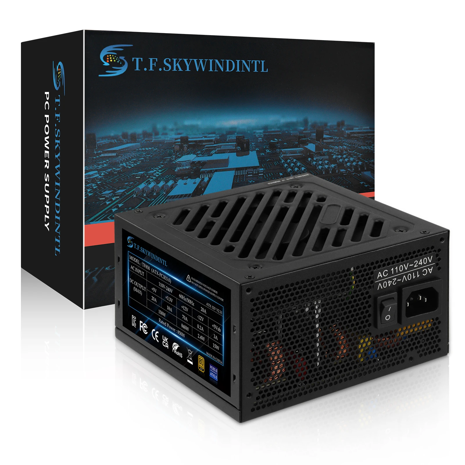 850W 80 Plus Gold ATX Power Supply, PCIe5.0 12VHPWR, Non-Modular Gaming PSU, ATX12V V2.31, 105°C Japanese Electrolytic Capacitors, 110V-240V for RTX 40 Series