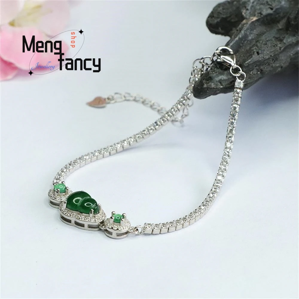 S925 Silver Lnlaid Natural Jadeite Ice Type Imperial Green Gourd String Bracelet Exquisite Elegant High-grade Fashion Jewelry