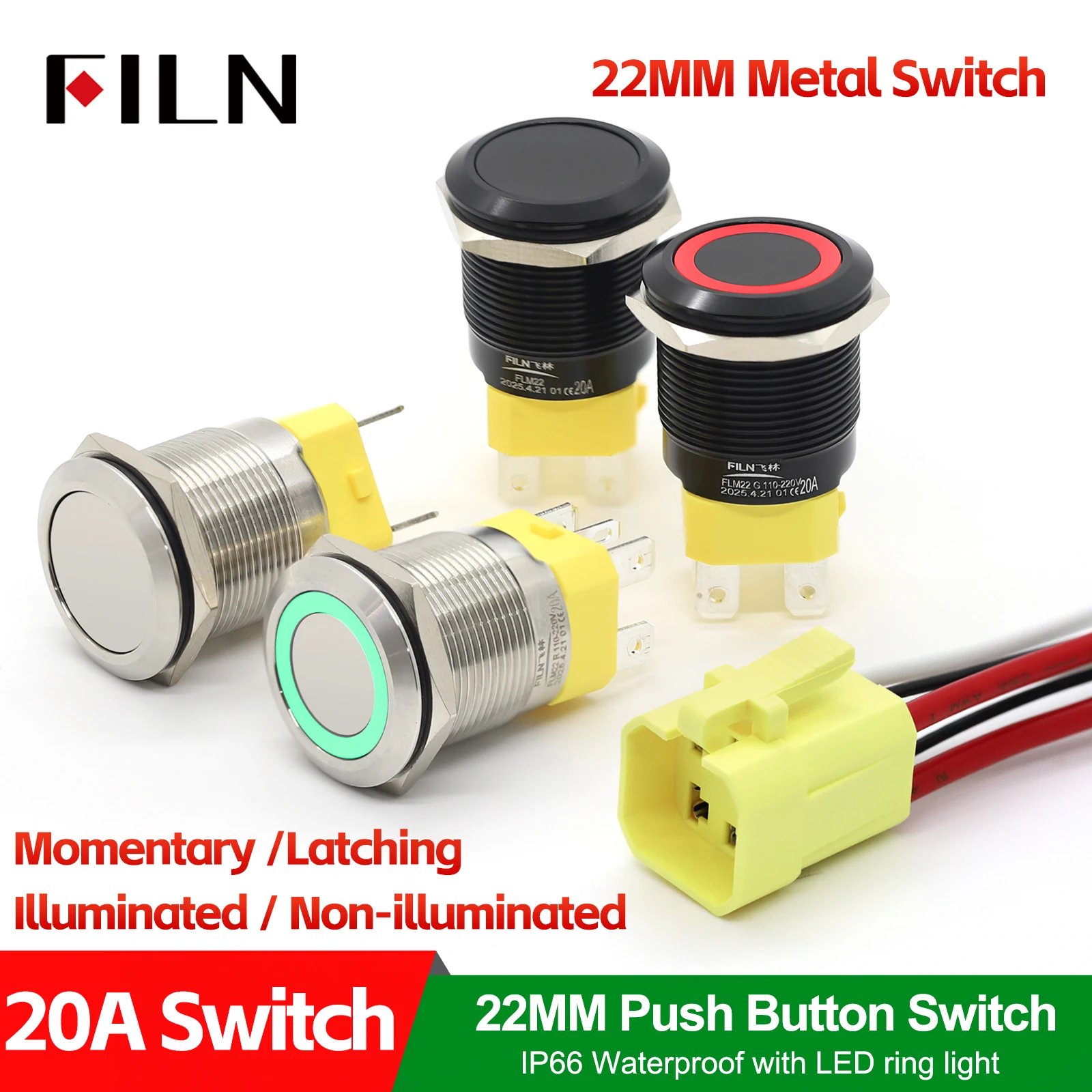 

22mm 20A Stainless Steel Push Button Switch High Current Waterproof IP68 12V 24V 110V 220V for Auto Marine Industrial Control