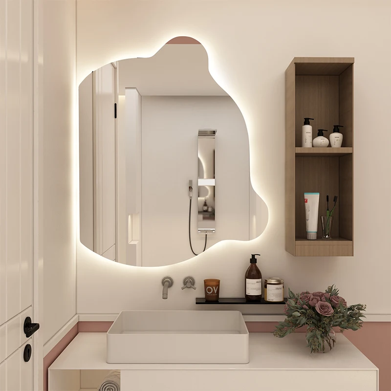 Body Irregular Cute Toilet Mirror Led Light Shaving Wall Mounted Smart Makeup Mirror Dressing Espejo Redondo Bathroom Fixture