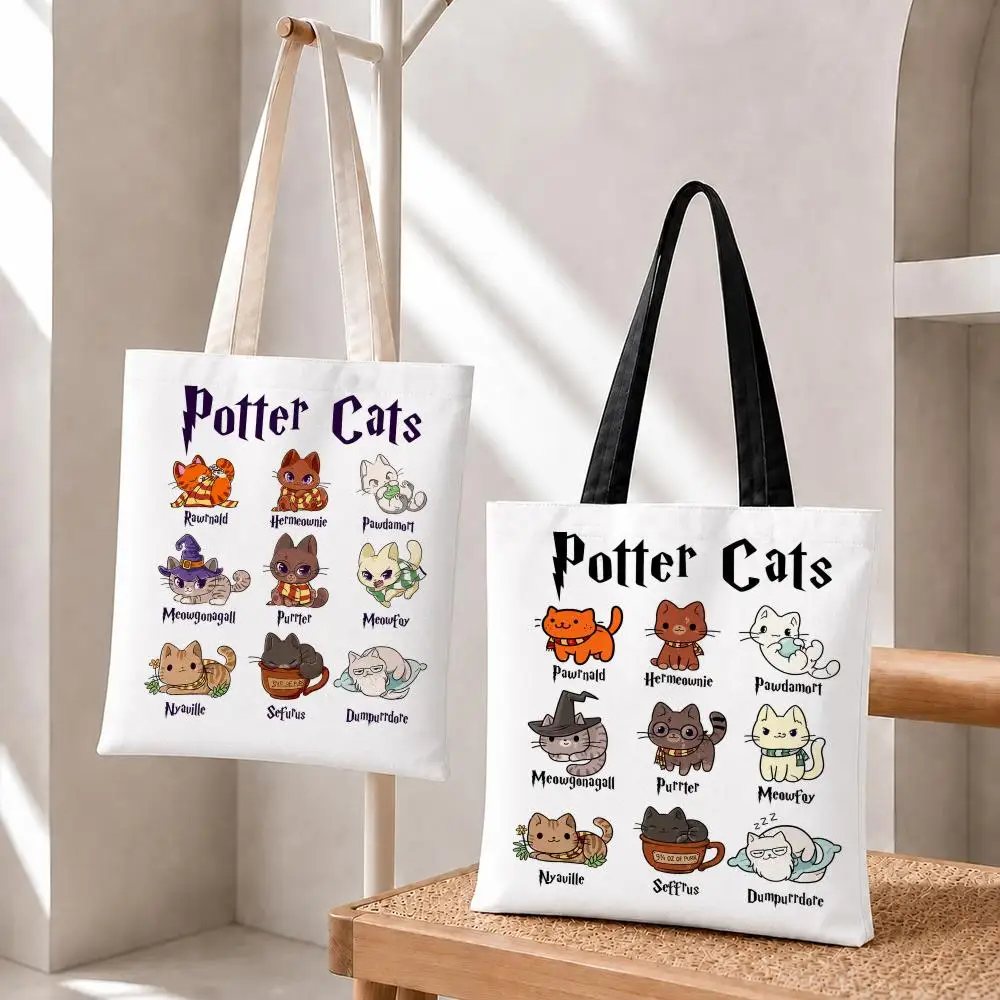 Casual Cartoon Potter Cats Graphic Storage Bags Storage Bags Foldable Canvas Tote Bag, Reusable Fashion Shopping Bag for Women