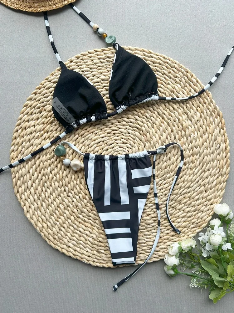 Sexy zwart wit gestreepte micro bikini set voor dames 2025, nieuwe push-up kraal string riem geplooide string vakantie badmode