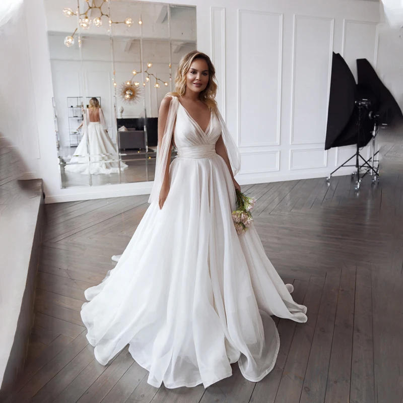 Customized Classic Deep V-neck Organza and Tulle Plus Size A-line Wedding Dress Sexy Backless Court Floor Length Bridal Gowns