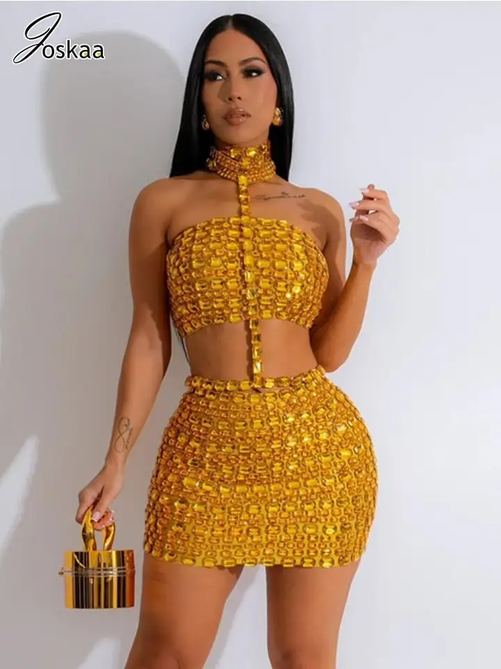 Joskaa Rhinestone 2-Piece Set Women Summer Clubwear