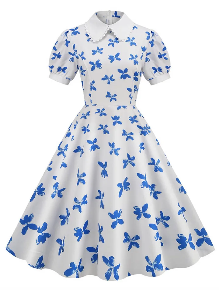 Women Vintage Dress Floral Print Peter pan Collar Elegant Party Dress Puff  Short Sleeve Pin Up 50s Party Sundress 3XL - AliExpress 200000345