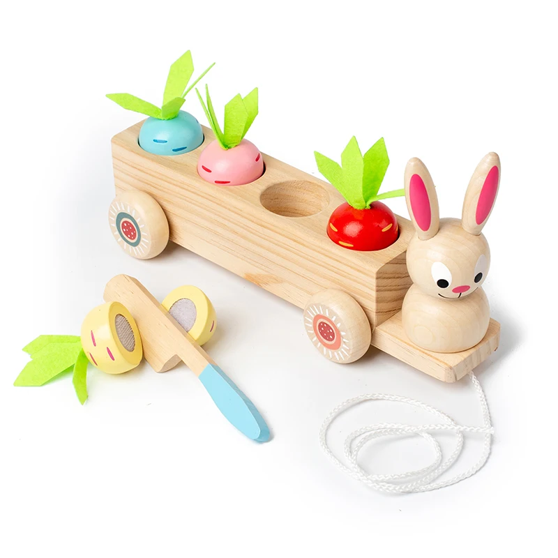 Voiture de traction de lapin en bois avec carottes extractibles, jouet carottes colorées peuvent être extractibles, les enfants se trouveront jouent avec la traction