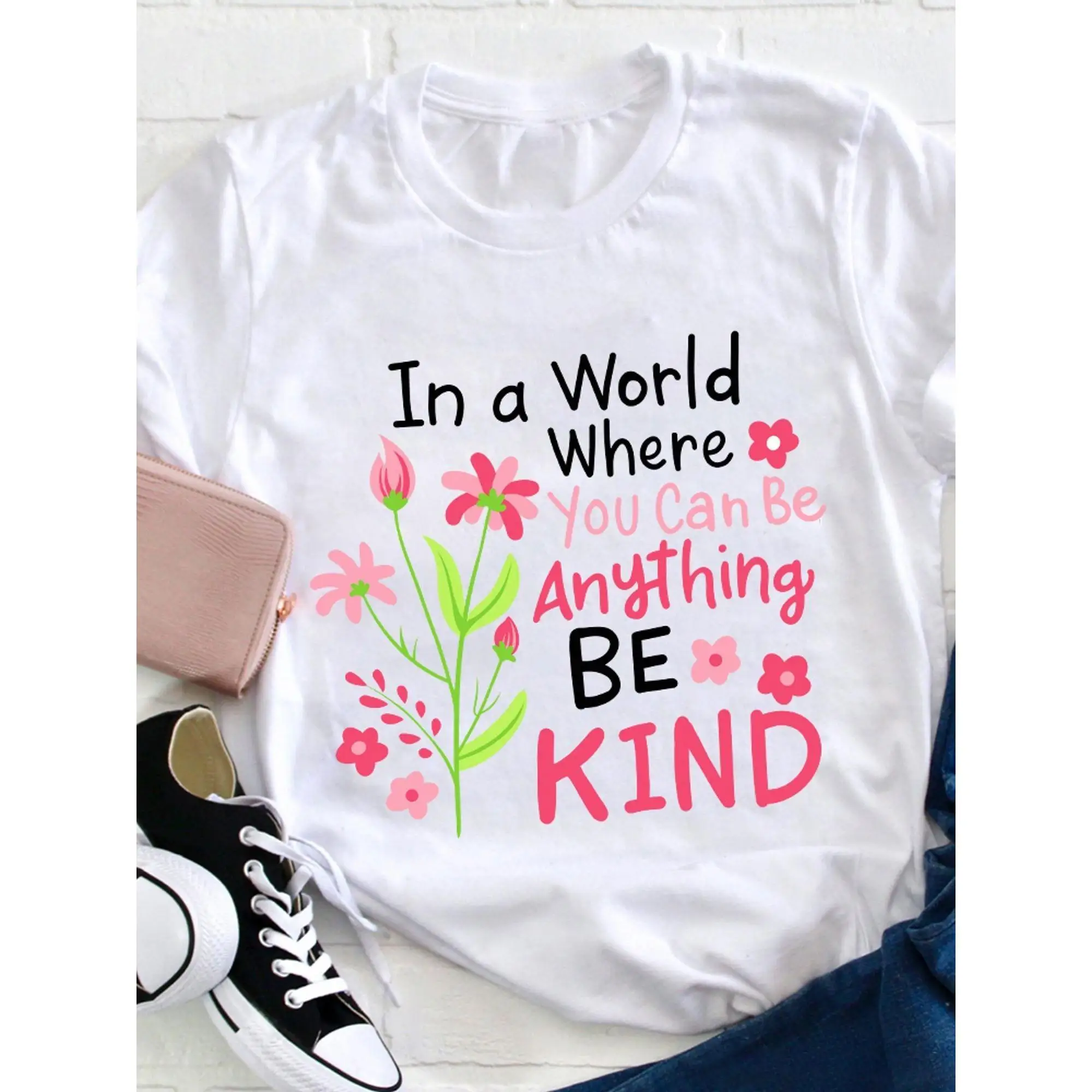 

Floral Teacher T-Shirt - Women's Casual Round Neck Tee with Inspirational Quote & Vibrant Flower Design, Short Sleeve, Loose