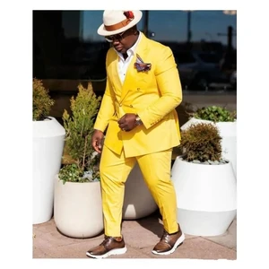 Yellow Suits for Men Full Set Double Breasted Peaked Lapel Chic 2 Piece Jacket Pants Plus Size Costume Daily Outfits Party Terno