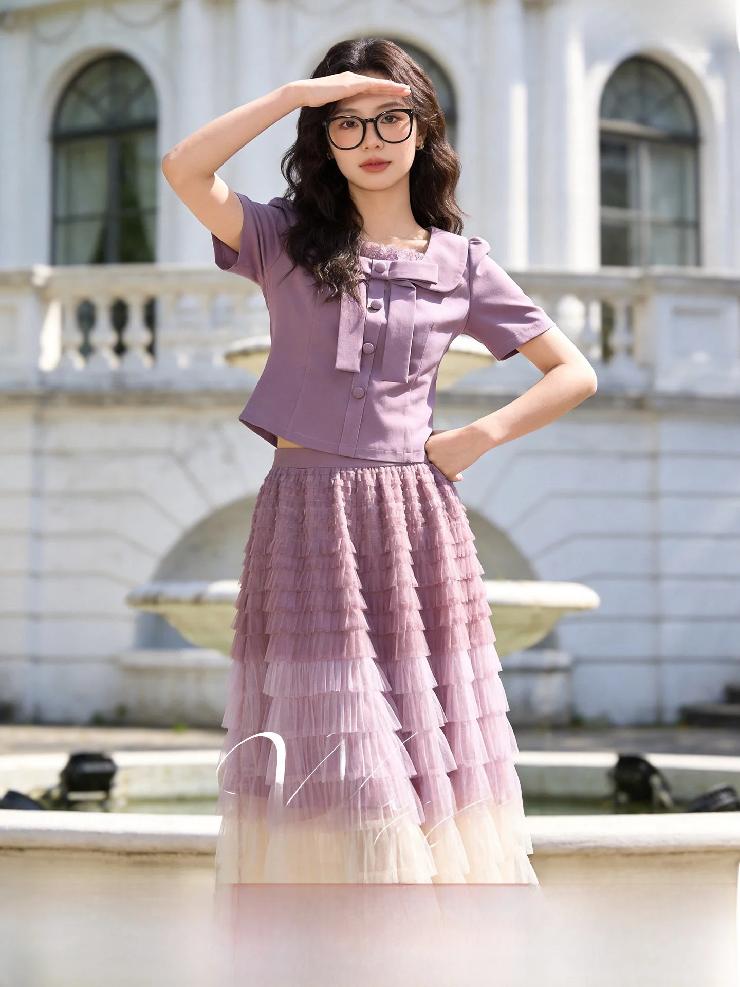 

Wuji Home Summer 2026 New Style Purple Taro Waist-Cinching Shirt Gradient Cake Skirt Sweet High Waist A-Line Dress Set