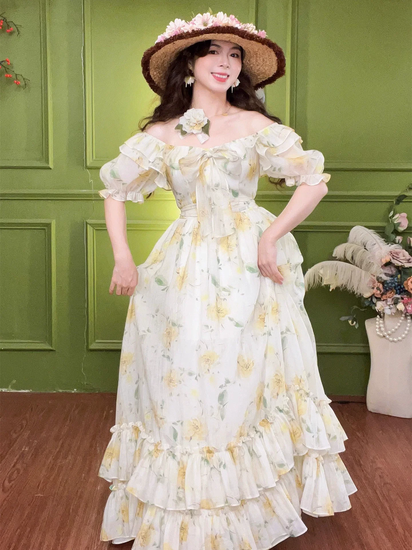 

Весна-лето, оригинальный дизайн, женское платье принцессы с воланами и воланами в стиле ретро, винтажное желтое розовое платье с принтом желтой розы