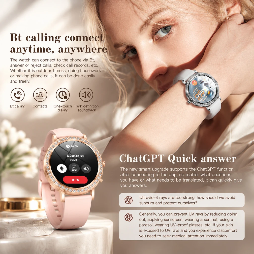 Newly Ultra-Thin Women's Smart Watchs 1.32” AMOLED Screen Resolution AI ChatGPT Health Waterproof SmartBracelet Ladies Best Gift