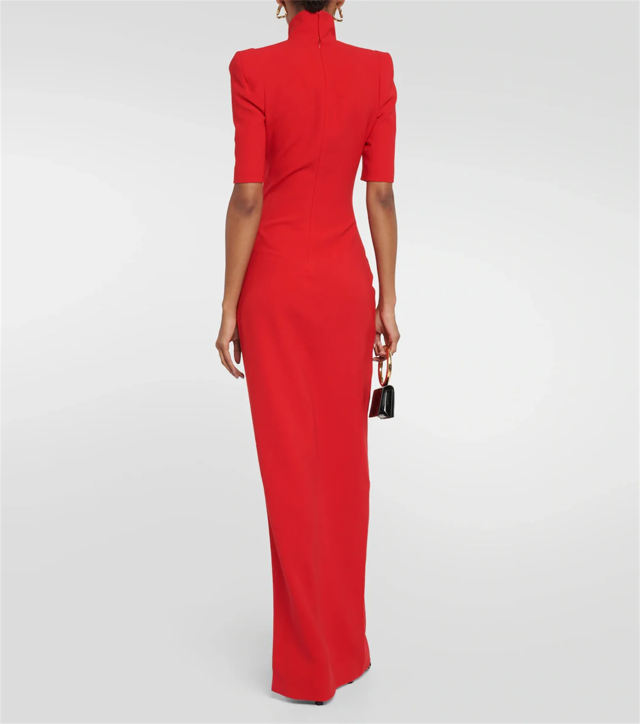 Vestido De Noiva De Pescoço Alto Simples, Meia Manga, Fenda Alta, Apertado, Elegante, Vermelho, Preto, Pode Ser Personalizado