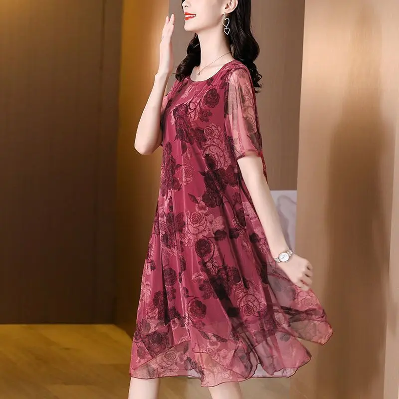 

Big Size Vintage Woman Floral Dress Two Layers Gauze Loose Midi Sundress Summer New Short Sleeve Elegant Female Casual Dresses