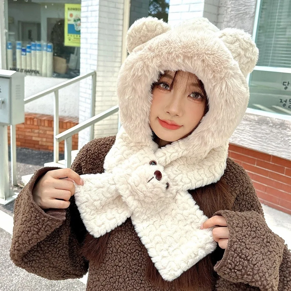 

Fashion Cartoon Bear Ear Hat Solid Color Warm 2 in 1 Plush Scarf Thickened Earmuff Winter Neckerchief Girl