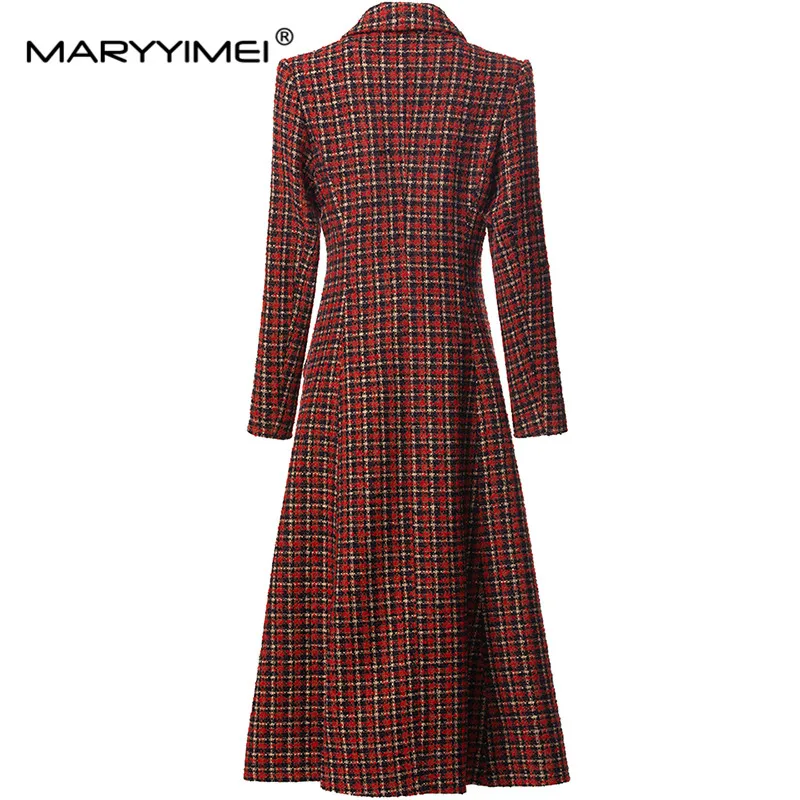 MARYYIMEI New Style Women's Elegant Long Sleeved Coat Turn-Down Collar Double Breasted Autumn and Winter Plaid Overcoat