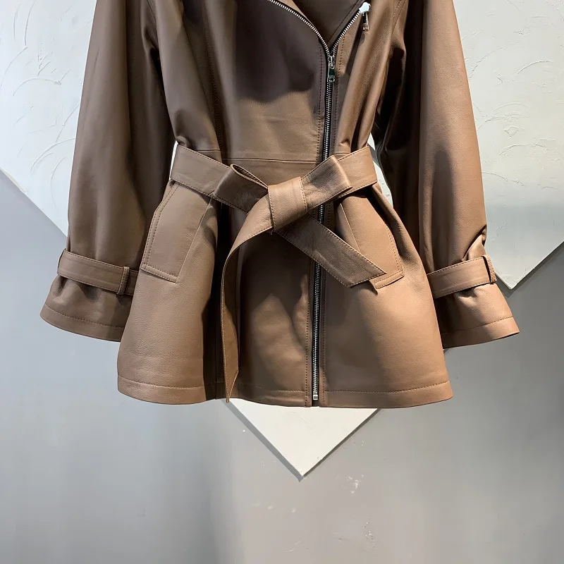 Genuine Sheepskin Leather Trench Coat for Women 2024 Spring Autumn Mid-length Real Leather Jacket Suit Collar Women's Clothing