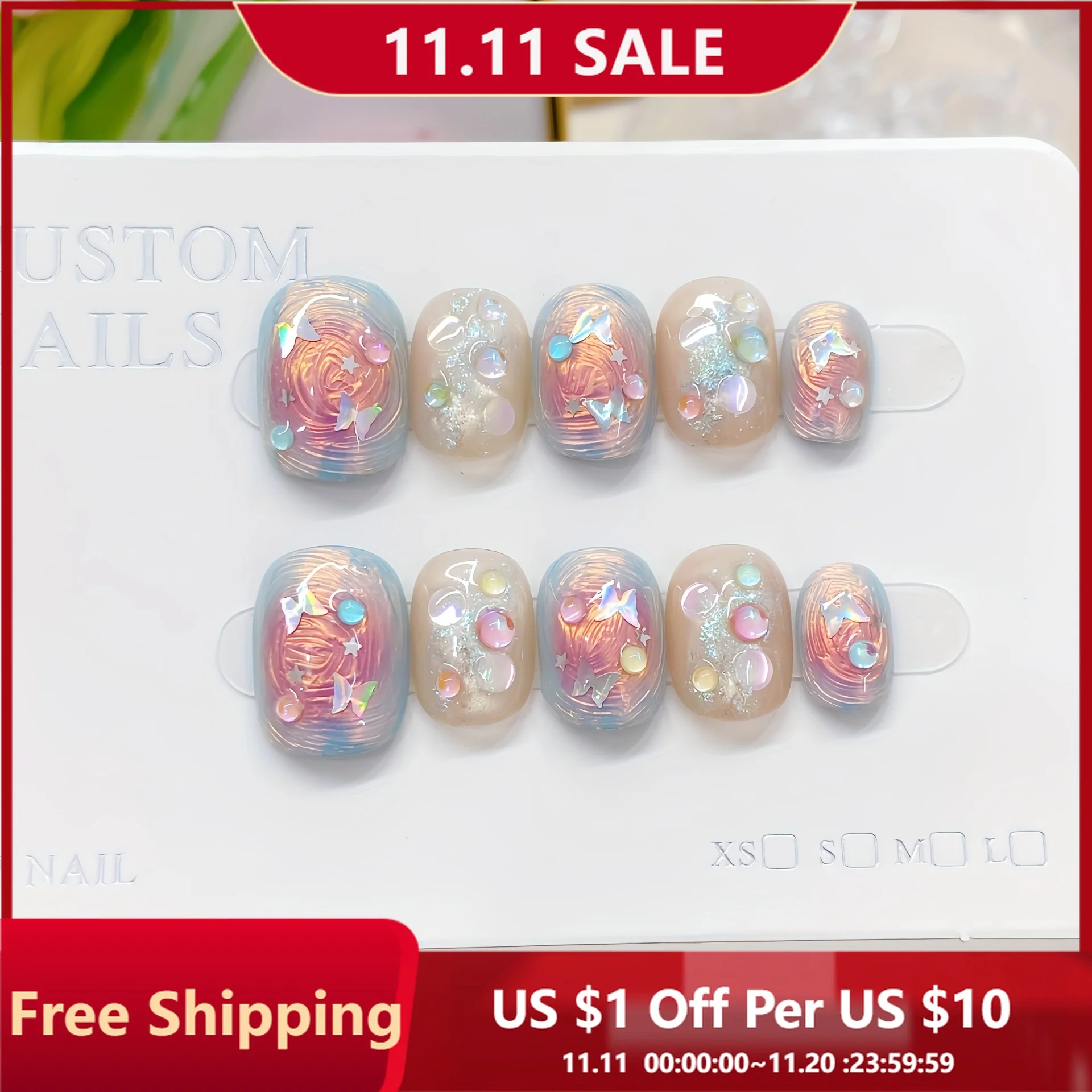 

10pcs Handmade Press on Nails Swirl Butterfly Flash Fake Nail Short Oval Summer Detachable Wearable Nail for Women and Girls