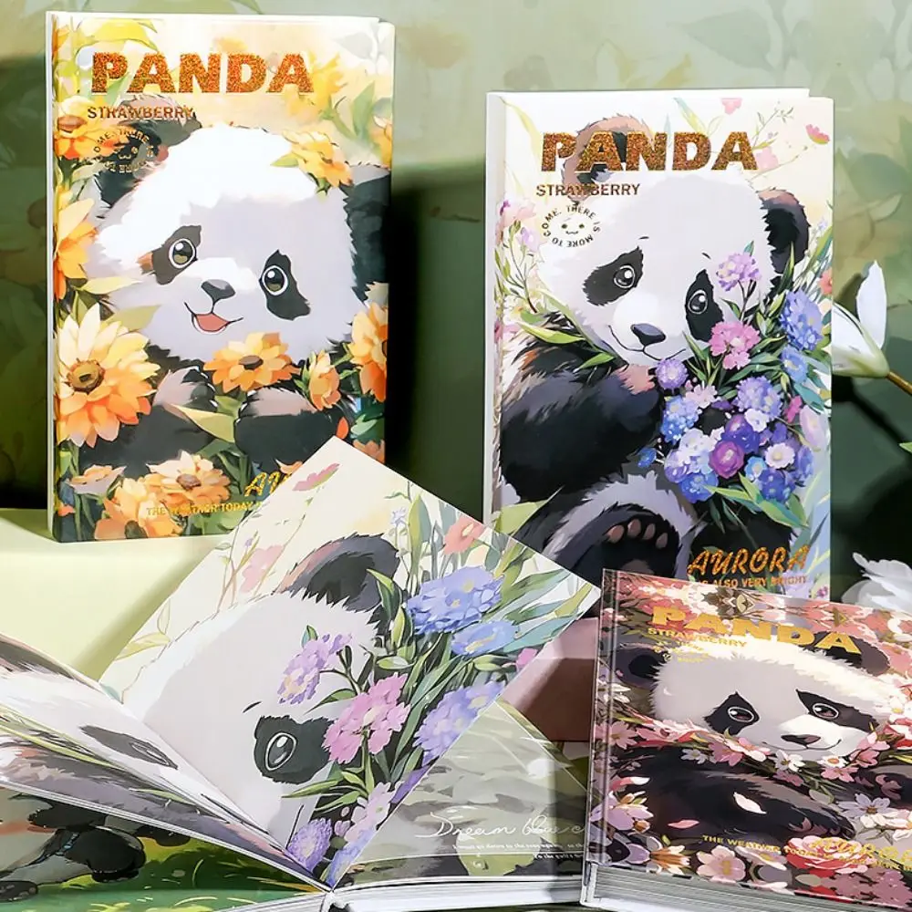 

Cartoon Panda Diary Notebook Thickened Illustration Hardcover Journal Notebook Flower Pattern Full Color Page Panda Art Notepad