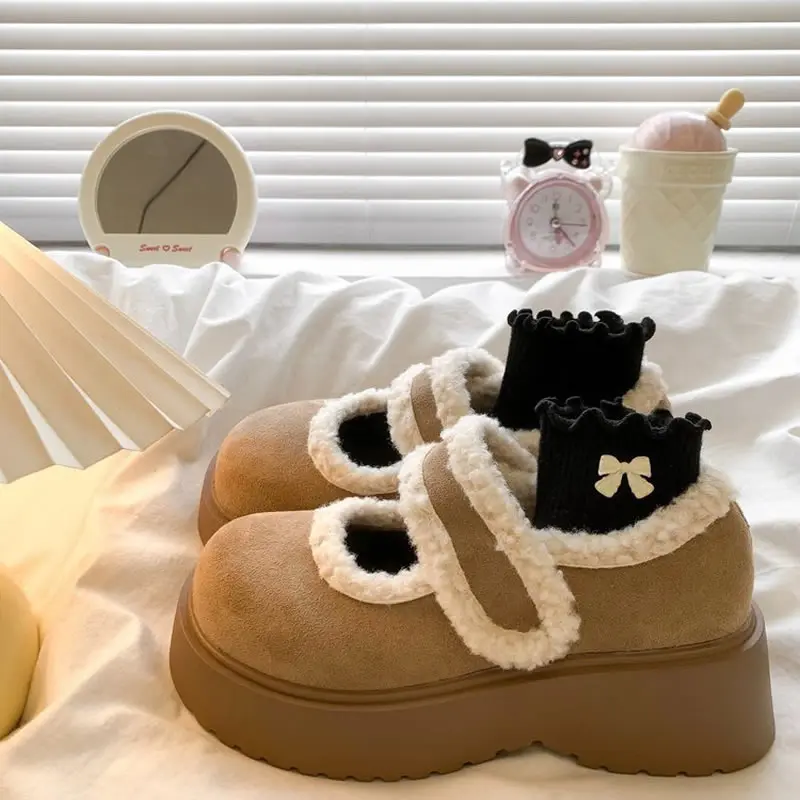 Botas de nieve con forro polar y fondo grueso para mujer, zapatos sin cordones versátiles, zapatos informales cómodos de algodón para personas cortas, invierno