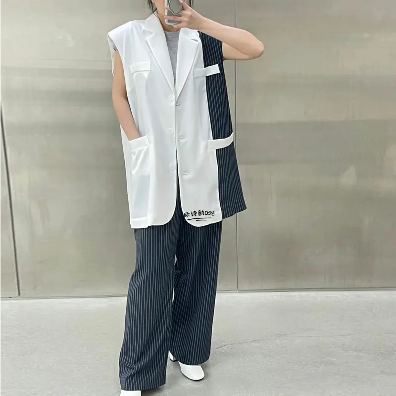 

Set Pant Long Vest Women Fashion 2023 Summer Stripe spliced Wide Leg Trousers Two Piece Suit Casual Loose Blazer Outfits C001