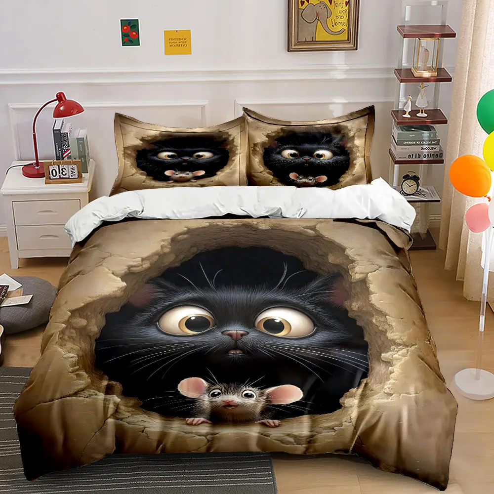 Cat and mouse peering through hole Print Bedding Set 1 Duvet Cover 2 Pillowcases for Adult and Children Luxury Gift Full Size