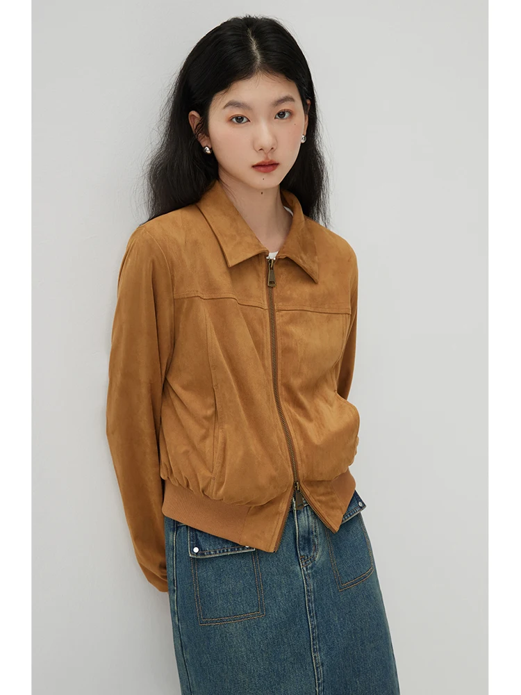 ZIQIAO Retro Style Lapel Suede Short Jacket for Women's 2024 Spring New Cool Feeling Double Open Zip Top Coats Female 23ZQ94428