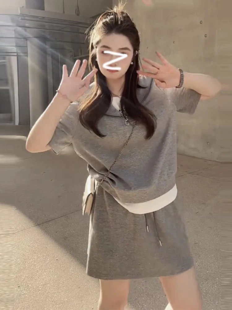 

plus Size Summer Outfit Casual Naval Collar Top ort Skirt Two Piece Set Youthful College Sle plus Size Women's Faion Set