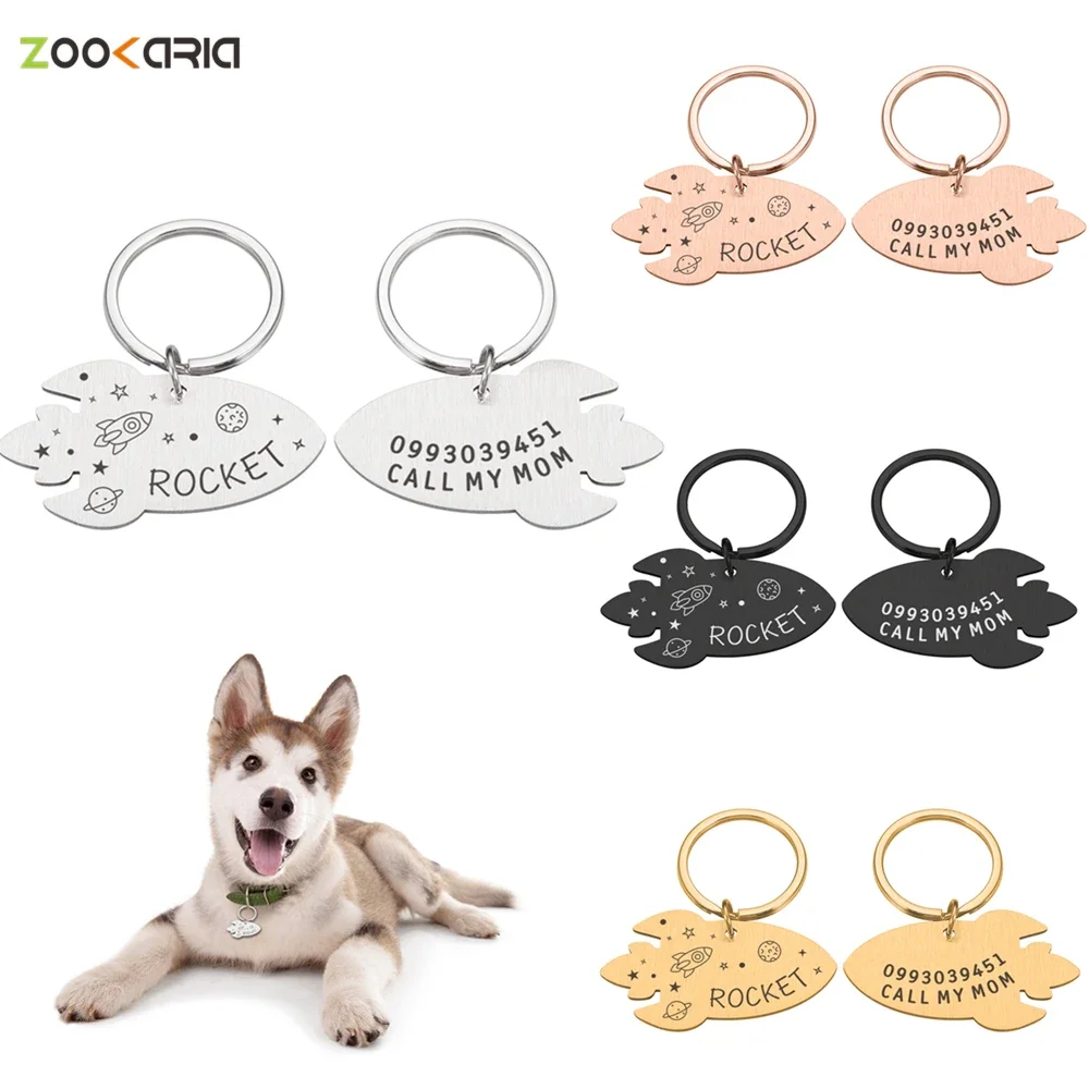 

Customized With Name Plate Engraved Pet Tags Personalized Fun Metal Label With Rocket Planet Free Lettering Dog Tag Small Medium