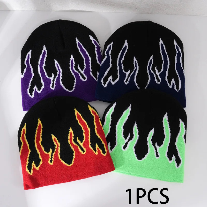 Men's and women's flame-patterned knitted hat, a stylish and trendy streetwear hip-hop beanie, perfect for vacations and holiday