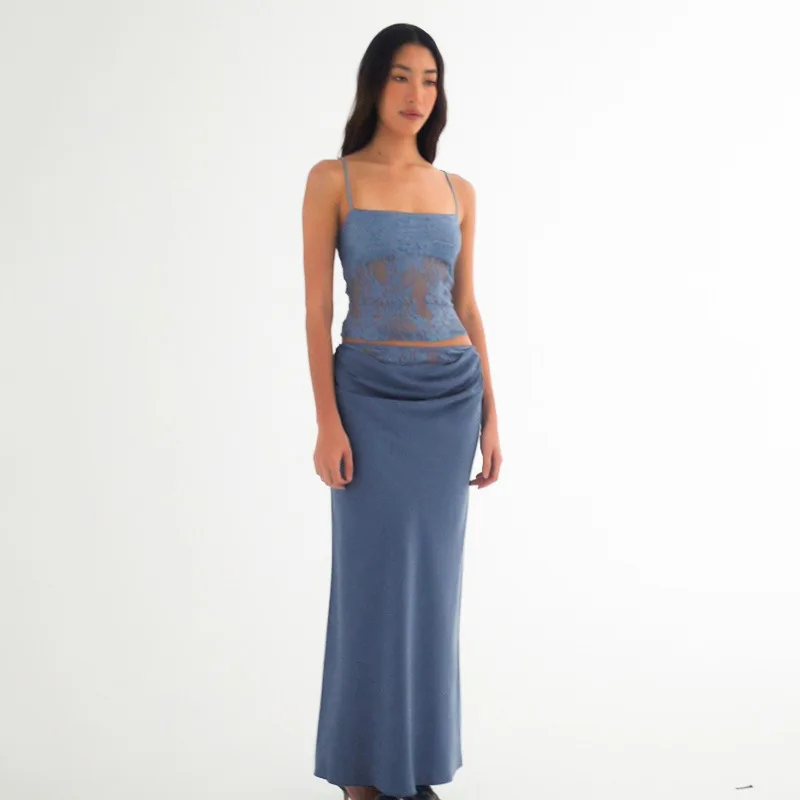Sexy Sheer Lace Spaghetti Strap Vest Satin Skirt 2 Piece Set Women Chic Designer Retro Hollow Lace Set Evening Party Resort Wear