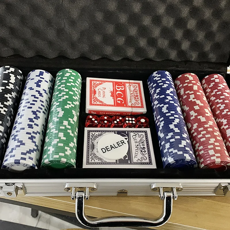 Poker Chip Set For Texas Holdem, Blackjack, Gambling With Carrying Case Cards Buttons And Dice Style Casino Chips